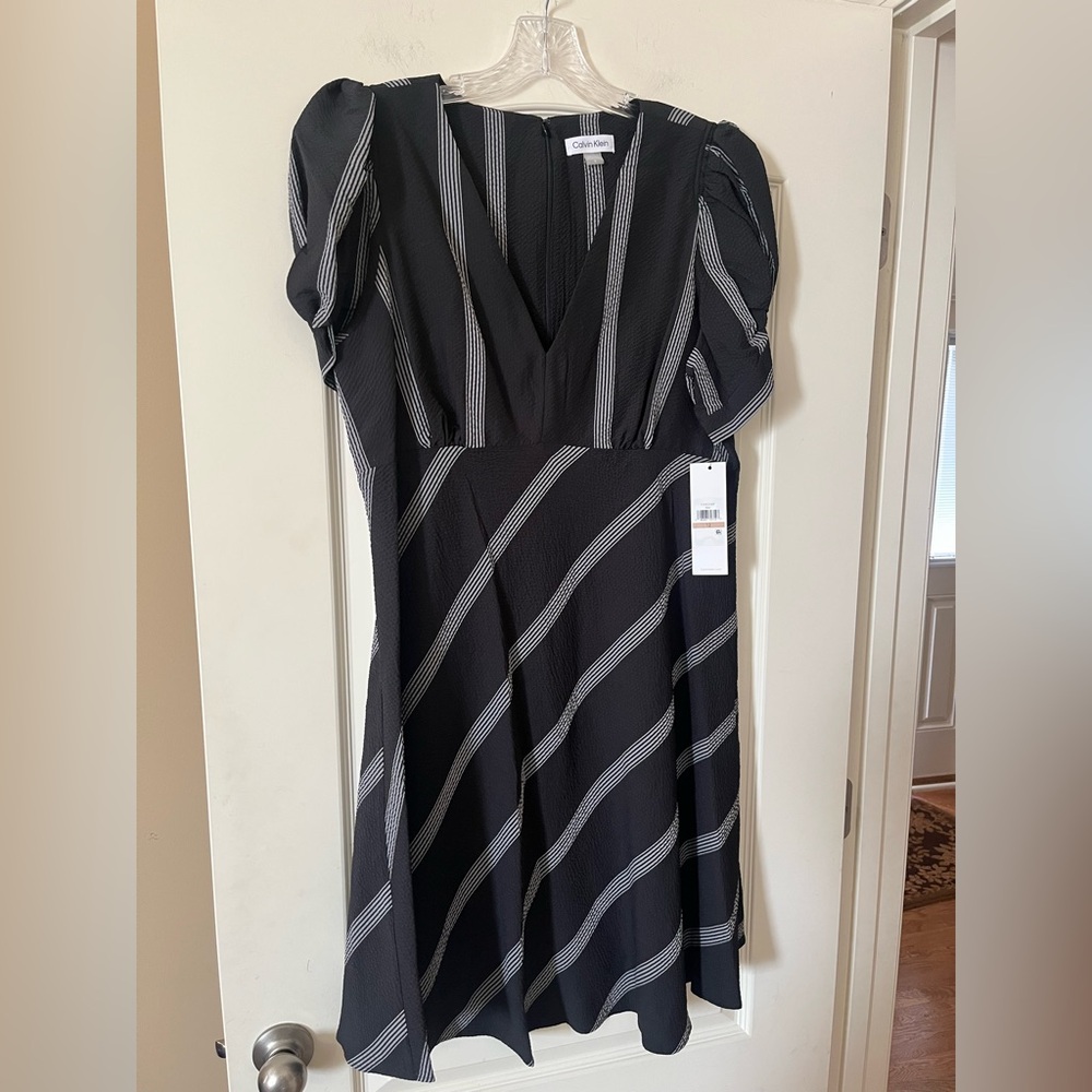 Calvin Klein Black and Gray Striped Midi Dress